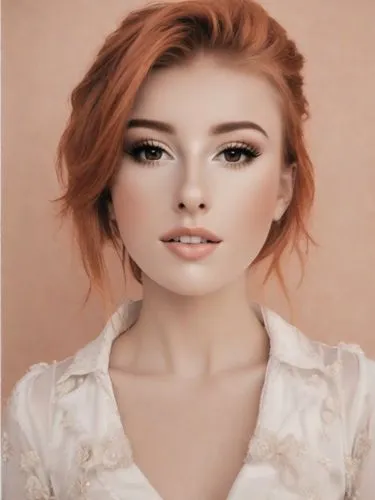 beautiful lady dressed as Mylene Farmer in a photo booth. Facing the camera.,pompadour,peach color,orange,orange color,clary,redhead doll,ginger rodgers,realdoll,clementine,orange half,updo,vintage ma