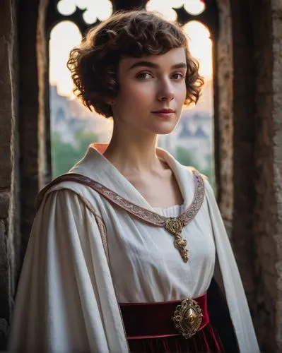 Medieval lady, short hair, bob cut, curly bangs, braided crown, golden hairpins, elegant eyebrows, subtle blush, gentle smile, white linen shirt, puffy sleeves, crimson velvet cloak, leather belt, orn