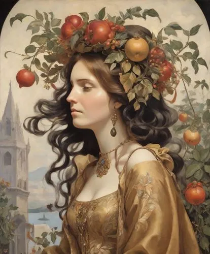 girl in a wreath,woman eating apple,girl picking apples,perugini,basket of apples,bouguereau,Digital Art,Impressionism