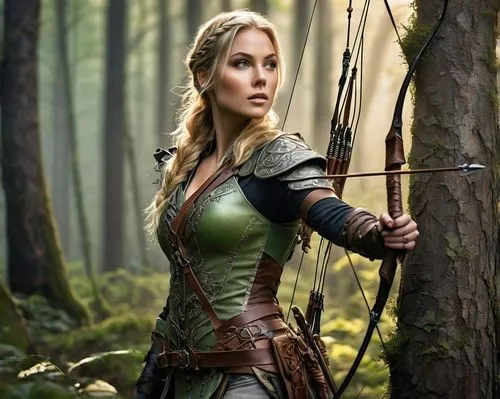 Fantasy female ranger, athletic build, long blonde hair, braided ponytail, green eyes, nose ring, earthy tone makeup, leather armor, quiver on back, longbow in hand, standing on one leg, forest, misty