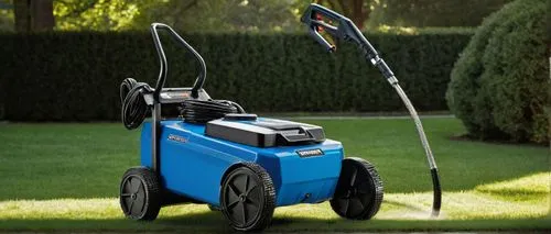 Industrial pressure washer, metallic body, sleek modern design, bright blue and silver color scheme, detailed buttons and controls, powerful hose attachment, sturdy wheels, outdoor setting, backyard, 