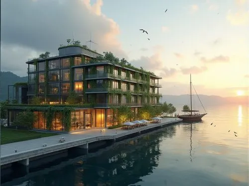 house by the water,floating huts,montreux,3d rendering,harborfront,house with lake,seasteading,stilt houses,residensea,cube stilt houses,lake geneva,langkawi,montreaux,shorefront,waterfront,seaside resort,tarabya,over water bungalows,lake lucerne,lefay,Photography,General,Realistic