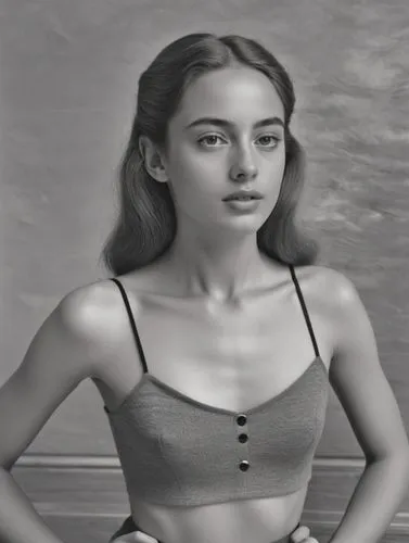 Black and white quality photograph: Private portrait of a narrow-chested dancer; very pretty.,a woman wearing a  top and belt in a picture,maisie,cotton top,model,jehane,bobkova,alia,Photography,Black