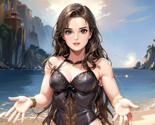 brooke shields,bikini, tall adult,a woman in a bikini standing on top of a beach,themyscira,kahlan,lesbia,inara,inanna,nereids,Anime,Anime,General