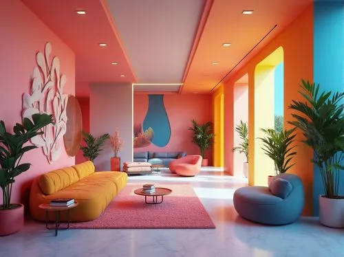 hallway space,modern decor,interior design,neon colors,mid century modern,living room,livingroom,interiors,apartment lounge,3d render,an apartment,vibrant color,hallway,80's design,midcentury,neon cocktails,mid century house,great room,modern room,tropicana,Photography,General,Realistic