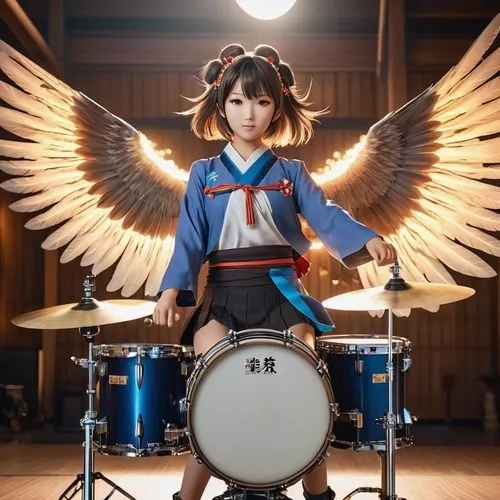 flying anime character,japanese style,girl,drums,a woman is sitting on top of a drum set,angel girl,tenshi,love angel,tomoya,angelology,drummer,Photography,General,Realistic