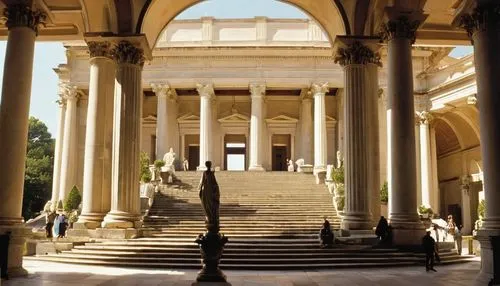 Classical building, ancient Greece-inspired, columns, arches, domes, symmetrical facade, ornate details, marble, stone, grand staircase, vaulted ceilings, fresco paintings, intricate moldings, Roman i