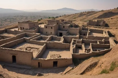 Ancient Catal Huyuk architecture, Anatolia, Turkey, 7th century BC, mud-brick houses, narrow streets, fortifications, city walls, watchtowers, stone foundations, wooden roofs, ceramic pottery, intrica