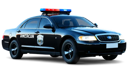 Police car, American cruiser, solo, shiny black body, flashing blue lights, sirens on roof, chrome wheels, low-angle shot, dynamic composition, high-contrast lighting, detailed textures, realistic ref