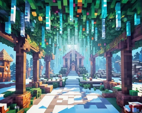 Imagine a magical winter garden with sparkling icicles hanging from the branches.,aurora village,minecraft,fantasy city,cube background,fairy village,cubic,holy forest,winter garden,elven forest,3d fa