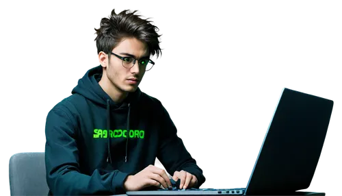 Male hacker, dark room, solo, (25yo), messy hair, glasses, thin face, focused eyes, black hoodie, ripped jeans, sneakers, laptop, coding screen, neon green glow, intense lighting, shallow depth of fie