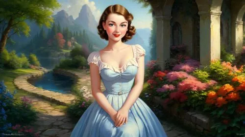 Masterpiece oil painting, cute cozy 
scenery, vast American Midwestern landscape, by Thomas Kinkade, by Bob Ross,cinderella,maureen o'hara - female,world digital painting,dorthy,principessa,girl in a 