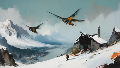 snow mountains,alpine chough,moutains,birds in flight,snowy peaks,flying birds,mountains,bird flight,snow mountain,birds flying,mountain world,arctic birds,high mountains,snowy mountains,mountain huts,terns,flock of birds,moraine,mountains snow,swallows,Conceptual Art,Oil color,Oil Color 01