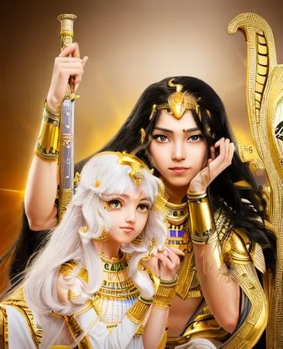 right side is a handsome charming  prince in long hair black, holding a sword and left side is  a cute gold hair princess  in the style of egyptian ,real human

,virgos,the ancient world,ancient egypt