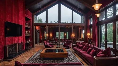 a living room with high ceilings and big windows,breakfast room,amanresorts,the cabin in the mountains,lodge,dining room,sitting room,reading room,chalet,great room,alpine restaurant,country hotel,lux