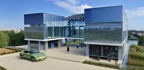 a building with cars parked in front of it,mercedes-benz museum,mercedes museum,danube bank,bonhams,danube centre,benz and co in mannheim,Photography,General,Realistic