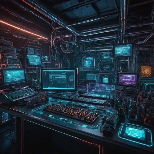 Cyberpunk scene, futuristic laboratory, hazards warning signs, complex computer architecture, motherboard, CPU, GPU, RAM, circuits, wires, microchips, robotics, mechanical arms, futuristic screens, ho