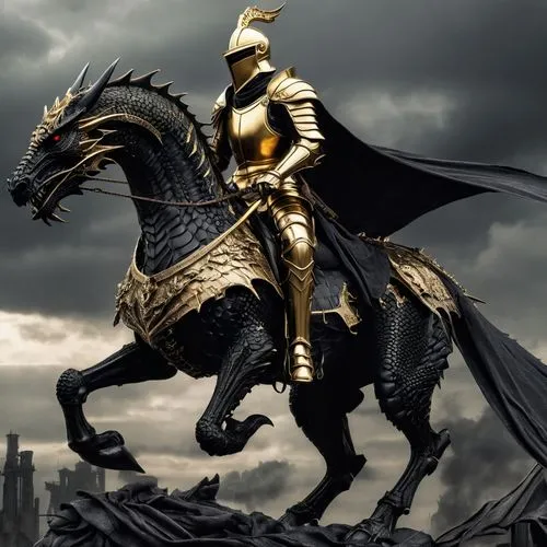  golden knight riding on the black dragon back,bronze horseman,bucephalus,ornstein,heimdall,imperatoris,rohirrim,sotha,golden unicorn,arthurian,bellerophon,gawain,unconquered,saladin,pegaso iberia,rha