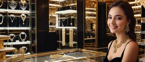 Luxurious jewelry store, modern interior design, high-end chandeliers, marble floors, sleek glass shelves, velvet display cases, golden accents, sparkling crystal decorations, soft warm lighting, 3/4 