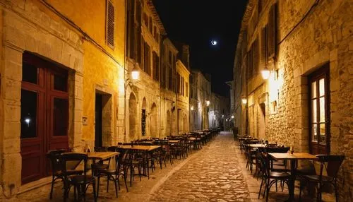 Night cafe, Arles, France, dim yellow lighting, warm atmosphere, cozy interior, wooden tables, vintage chairs, stone walls, rustic decorations, candles on tables, soft jazz music, few customers, relax