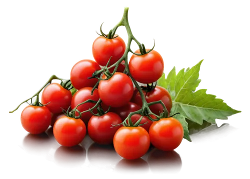 Cherry tomatoes, cluster, red, glossy skin, green leafy stem, vine, natural light, soft focus, shallow depth of field, 3/4 composition, still life, warm color tone, realistic texture.,cherry tomatoes,