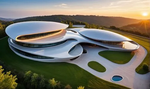 elegamt, glass, luxury, organic, realistic, high tech, parking with road and a lot of nature around, couple of suvs parked on the front,futuristic art museum,futuristic architecture,goetheanum,snohett