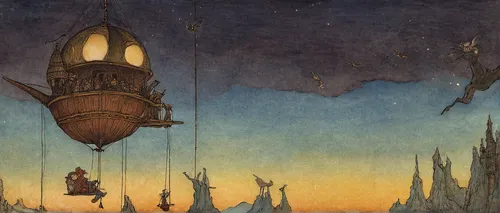 baron munchausen,lamplighter,airships,airship,hamelin,the pied piper of hamelin,adrift,diving bell,rem in arabian nights,gas lamp,fairy tales,hans christian andersen,hanging lantern,heroic fantasy,lightship,voyage,children's fairy tale,arthur rackham,fairies aloft,clockmaker,Illustration,Retro,Retro 19