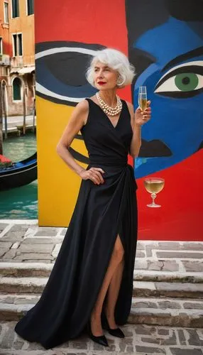 Venice Biennale 2025, evening time, soft golden light, crowds of stylish people, solo mature lady, elegant white hair, red lips, pearl necklace, black evening dress, high heels, holding champagne glas