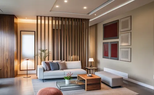 "Visualize a modern living room setup: a sleek sofa with a left armrest, a coffee table in front, two ottomans tucked away in the right corner, and a wooden slatted partition separating the space from