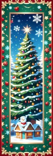 圣诞节小屋圣诞树雪花圣诞节矢量图,a painting of a christmas tree with a red border and snowy landscape,christmas frame,christmas tree pattern,christmas motif,christmas background,christmasbackground,fir tree decoratio