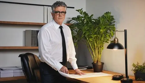 Mature man, architect, standing, holding blueprints, white shirt, black tie, formal trousers, black shoes, glasses, neat hair, serious expression, office background, wooden desk, leather chair, potted